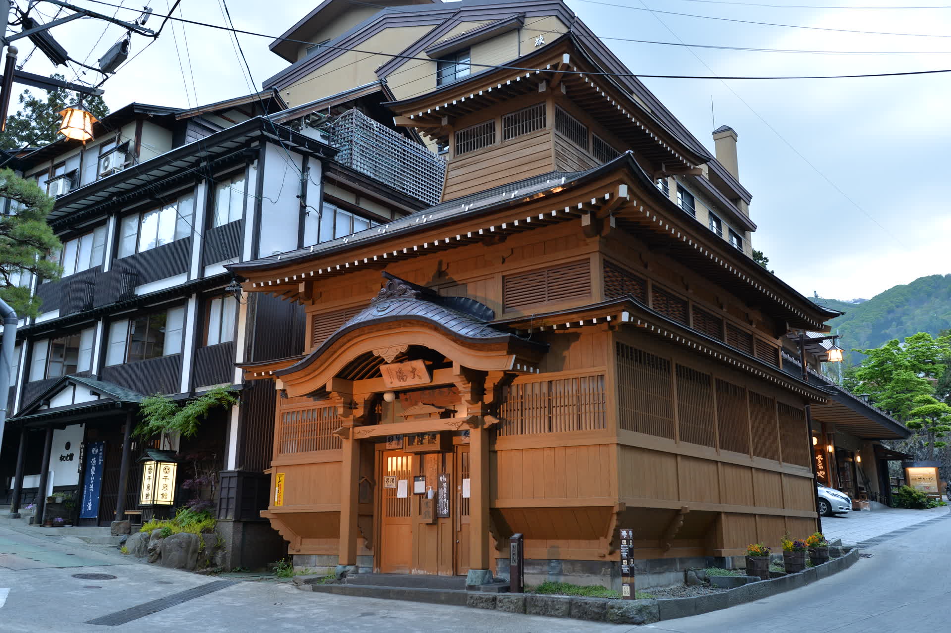 Nozawa Onsen winter village — snow-covered traditional Japanese ski town